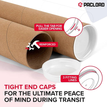 Paclord 2" x 60" Heavy-Duty Reinforced Cardboard Mailing Tube, Pack of 6 Tubes with 12 Caps – Secure USPS Approved – Great for Shipping and Storing of Prints, Artwork, Posters or Documents