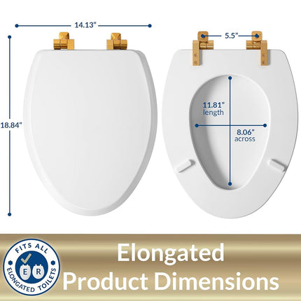 Mayfair 1826BGSL 000 Benton Toilet Seat with Brushed Gold Hinges Will Slow Close and Never Come Loose, Elongated, Durable Enameled Wood, White
