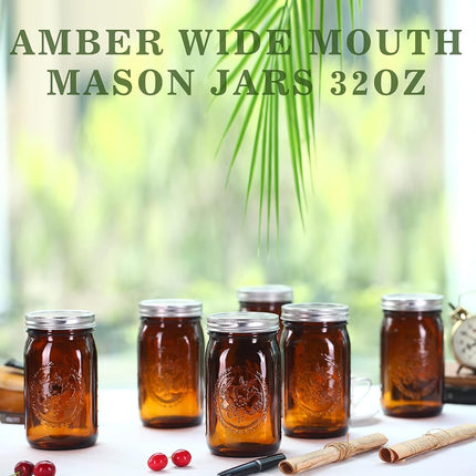 ElegantTime Amber Glass Mason Jars, 32 oz Wide Mouth with Airtight Lids and Bands - 6 Pack Large Glass Canning Jars, Great for Canning, Pickling, Fermenting, Jam Making