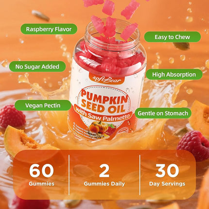 softbear Pumpkin Seed Oil Gummies, Organic Pumpkin Seed Oil Supplement with Saw Palmetto for Hair Growth & Skin Health, Cold Pressed/Suagr-Free, Raspberry Flavor 120 Count