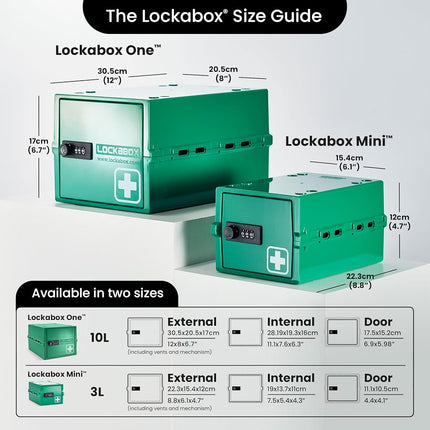 Lockabox One™ - Premium Lockable Medicine Box with Combination Lock, Secure Storage for Medication & Tablets, Fridge Safe, Made in Britain, 31 x 21 x 17 cm (Medi Green)