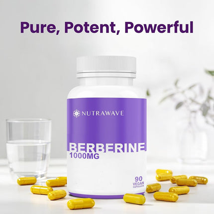 Nutrawave PURE Berberine MAXIMUM POTENCY 1000mg per Serving (2 capsules 500mg each) Non-GMO, Vegan, Gluten Free. 90 Easy to Swallow Capsules