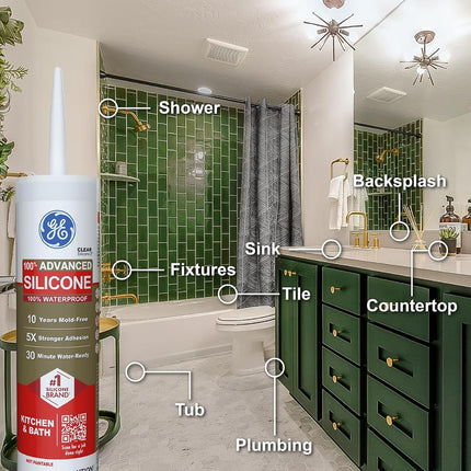 GE Advanced Silicone Caulk for Kitchen & Bathroom, Clear, 10 fl oz Cartridge, 1 Pack - 100% Waterproof Silicone Sealant, 5X Stronger Adhesion, Shrink & Crack Proof