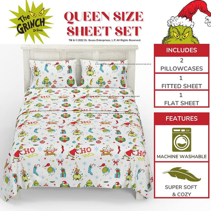 Franco Grinch by Dr. Seuss Holiday & Christmas Bedding Super Soft Flannel Sheet Set, Queen, (Official Dr. Seuss Product)