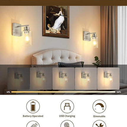 Battery Operated Wall Sconce Set of 2, Dimmable Wireless Sconces with Remote and Touch Control, Rechargeable Wall Lights Modern Cordless Lighting for Living Room, Bedroom, Sand Nickel with 2 E26 Bulb