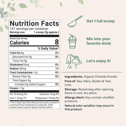 Organic Chlorella Powder, 10 Ounce, Broken Cell Wall, Rich in Vegan Proteins & Vitamins, Raw, Bulk Premium Chlorella Supplement, Vegan Friendly, Non-Irradiation