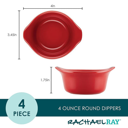 Rachael Ray Solid Glaze Ceramics Round Ramekins/Dipping Cup Set, 4 Piece, Red