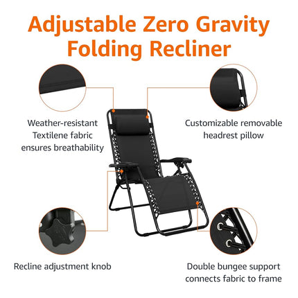 Amazon Basics Outdoor Zero Gravity Mesh Lounge Chair with Pillow, Folding Reclining and Textilene Adjustable, 90 x 66 x 110 cm, Black