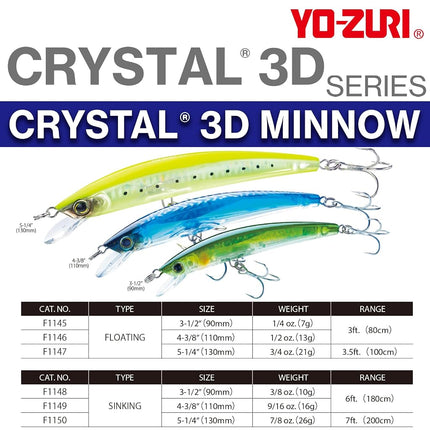 Yo-Zuri Crystal 3D Minnow Floating Lure, Green Silver, 3-1/2-Inch