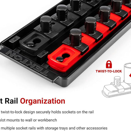 TEKTON 1/2 Inch Drive 12-Point Socket Set with Rails and Trays, 52-Piece (3/8-1 in., 10-24 mm) | SHD92214