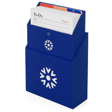 Notsu Centre Rise to Do List Card Planner Box Stand Set | 50 Foldable to-Do Vertical Notecards 3x5, Productivity Index Card Organizer Tab Dividers, Desk Card Holder Stand (Blue)