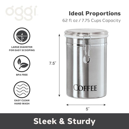 Oggi Stainless Steel Coffee Canister 62 fl oz - Airtight Clamp Lid, Clear See-Thru Top - Ideal for Coffee Bean Storage, Ground Coffee Storage, Kitchen Storage, Pantry Storage. Large Size 5" x 7.5".