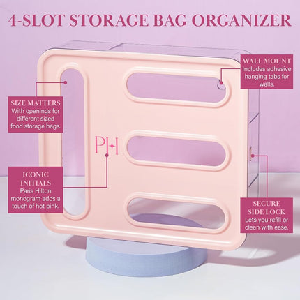 Paris Hilton 4-Slot Storage Bag Organizer, Multipurpose Kitchen Drawer and Wall-Mounted Organizer for Gallon, Quart, Sandwich and Snack Bags, Pink