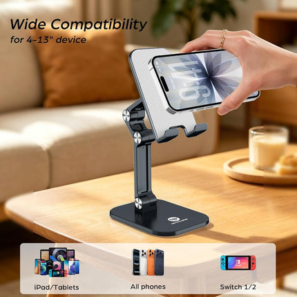 OCYCLONE Phone Stand, Adjustable Height and Angle Foldable Cell Phone Stand Holder for Desk, Taller iPhone Stand Compatible with 4.7"-13" Smartphones iPad Tablet, Black