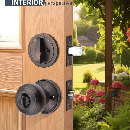 Brotima 3 Pack Keyed Alike Front Door Knob and Deadbolt Set, Entry Door Locksets with Single Cylinder Deadbolt, Oil Rubbed Bronze Flat Round Door Lock Set for Bedroom/Office/Exterior Doors