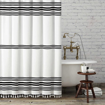 Seasonwood Cortina de ducha larga, tela blanca y negra con borlas, cortinas de ducha modernas estilo casa de campo para baño, impermeable, duradera, 72 pulgadas de ancho x 78 pulgadas de largo