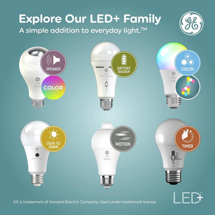 GE LED+ Timer A19 LED Light Bulbs, Built-in Automatic Indoor Timer Light, 8W, Soft White (4 Pack)