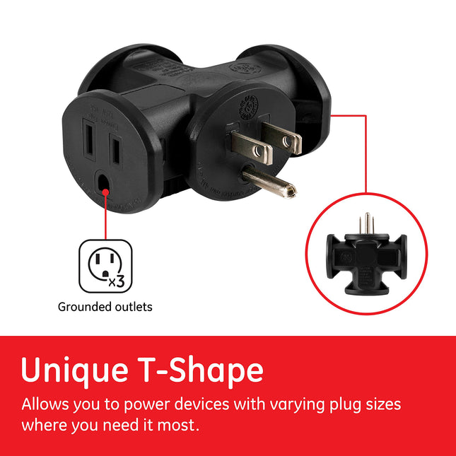 GE 3-Outlet Grounded T-Shaped Tap Adapter, Heavy Duty, Black, 50872