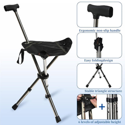 FATTCHIAR Cane with Seat, Cane Chair Capacity 330lbs, Adjustable Height Folding Lightweight Walking Stick with Seats, Portable Stool for Adults Seniors Hiking Camping-Black 34-38"/1.6lbs