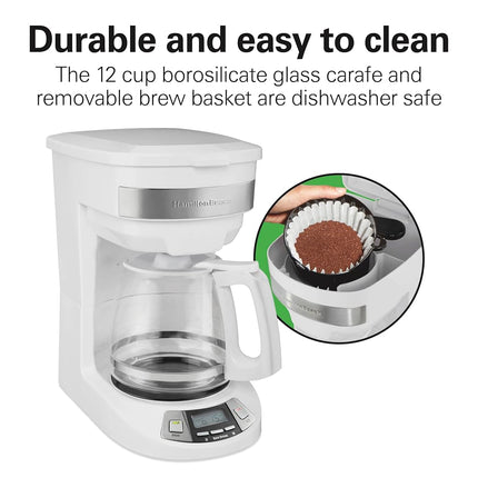 Cafetière filtre programmable Hamilton Beach 12 tasses avec 3 options d'infusion, verseuse en verre, pause et service automatiques, blanc (46294)
