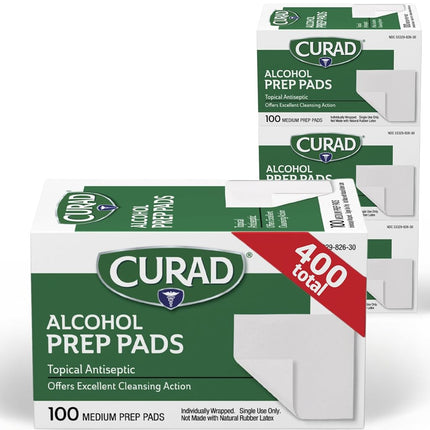 Tampons imbibés d'alcool Curad, lingettes antiseptiques, 400 unités, tampons stériles de taille moyenne, emballés individuellement - Idéal pour la préparation cutanée avant injection