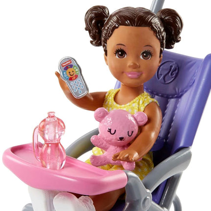 Barbie Skipper Babysitters Doll Playset, Brunette Skipper Doll with Brown Baby Doll, Baby Stroller and Doll Accessories, Toys for Ages 3 and Up, Two Dolls, FJB00