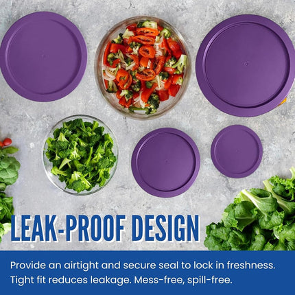Replacement Lids fits Pyrex 4-Cup Glass Food Storage Container Bowls, 6-Inch Plastic Round Lids Covers for Pyrex 7201-PC, Airtight & Leakproof (10-Pack, Purple)
