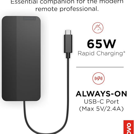 Lenovo USB-C Slim Travel Dock, 8 Ports, Up to 65W PD Pass Through, Integrated USB-C Cable, 4K Display Support, Black