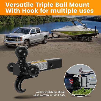 MAXXHAUL 50231 Triple Ball Mount with Hook 1-7/8”, 2”, and 2-5/16” Balls Hollow Shank 10000 lbs Capacity fits 2” Receivers Class III and IV Black