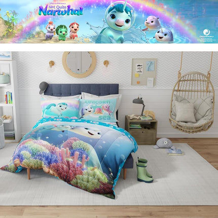 Franco DreamWorks No Es Exactamente Narval, Juego de Sábanas y Edredón Súper Suave para Niños, 5 Piezas, Tamaño Full, (Producto Oficial con Licencia)