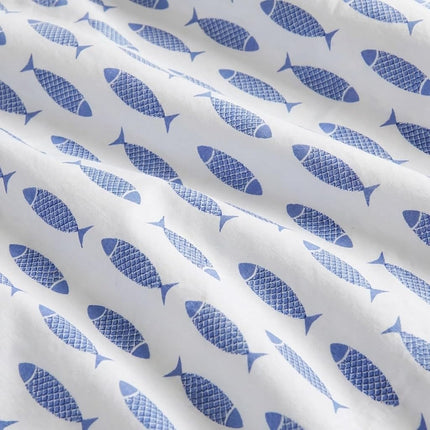 Nautica Cotton Percale Bedding Set, Crisp & Cool, Lightweight & Breathable, 100%, Woodblock Fish Blue, Full