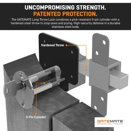 GateMate 1490106 Long Throw Lock with Thumb Turn, Heavy Duty Stainless Steel in Black Finish, Stylish Gate Lock, Secure Lock for Home Main Gates, Sheds and Garage Doors - up to 2" Thick