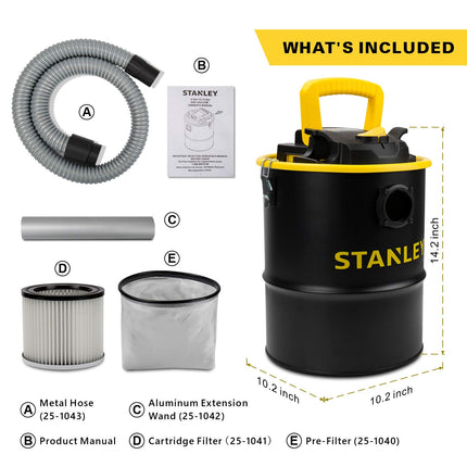 Aspiradora de cenizas Stanley, depósito de cenizas portátil de 4 galones de capacidad, potente motor de 4 HP de pico, ideal para estufas de pellets, parrillas de barbacoa, estufas de leña, chimeneas, fogatas, SL-18184