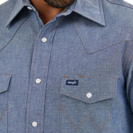 Wrangler Men's Cowboy Cut Western Long Sleeve Snap Work Shirt Washed Finish Shirt, Blue, 17.5 Neck / 36 Sleeve