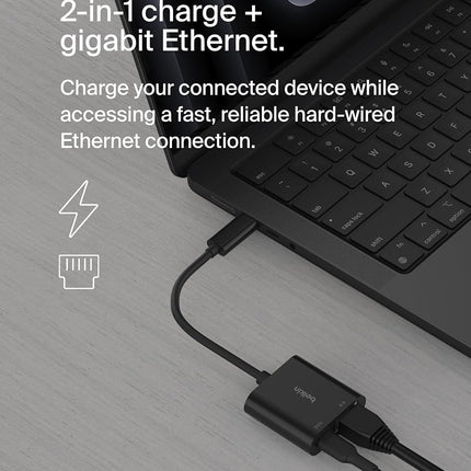 Belkin Connect USB-C to Ethernet + Charge Adapter 100W w/Gigabit Ethernet Port and USB-C Port - [10/100/1000] Mbps for Fast Internet Connection - Compatible with iPhone 16, 15, Galaxy S24 & More