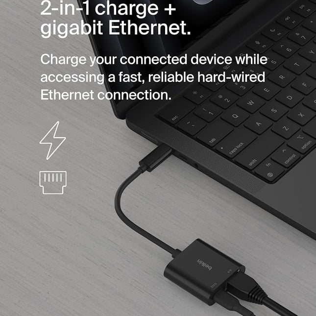 Belkin Connect USB-C to Ethernet + Charge Adapter 100W w/Gigabit Ethernet Port and USB-C Port - [10/100/1000] Mbps for Fast Internet Connection - Compatible with iPhone 16, 15, Galaxy S24 & More