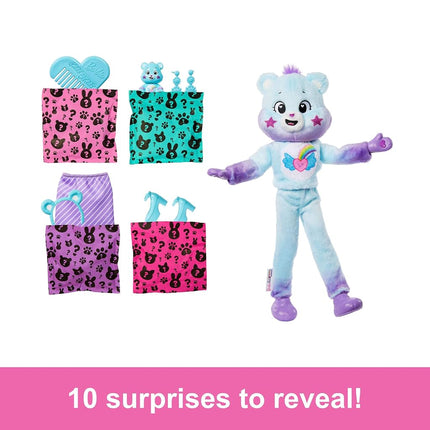 Barbie Cutie Reveal Care Bears Doll & Accessories, Series 2 Dream Bright Bear with 10 Surprises Including Color Change & Mini Bear, JFV61