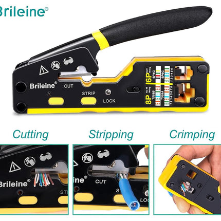 Brileine RJ45 Crimp Tool Pass Through Crimper for RJ45 Connectors / Cat6 Cat6a Cat5 Cat5e Connector Ethernet Crimper Tool with Mini Cable Stripper