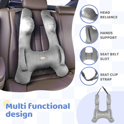 Almohada de viaje para niños FLORICH, almohada de viaje para dormir en coche para niños, almohada lavable en forma de H para adultos y niños para apoyar la cabeza y el cuerpo en viajes por carretera (gris)