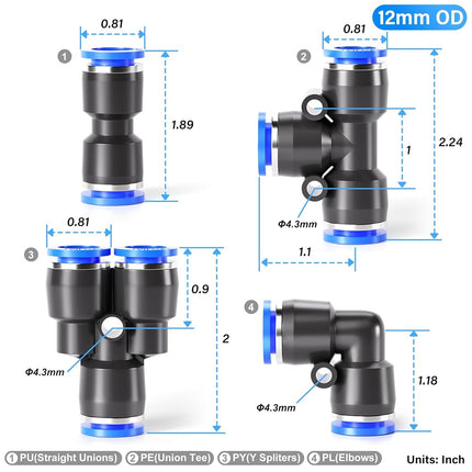 TAILONZ Pneumatic 12mm od Push to Connect Fittings Pneumatic Fittings Kit 5 Spliters+5 Elbows+5 tee+5 Straight (20 pcs)
