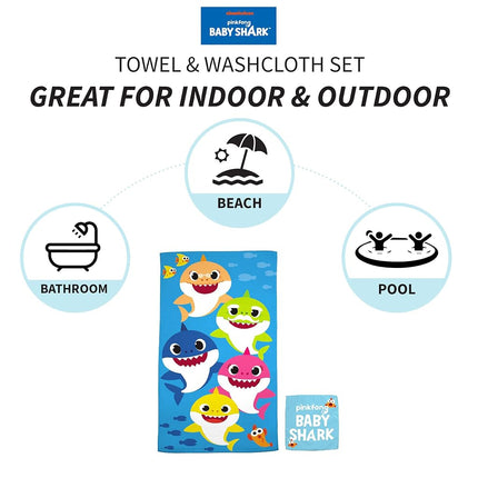 Juego de toallas de felpa de algodón suave y absorbente Franco Baby Shark para baño/piscina/playa con paño, 2 piezas, 127 cm x 63.5 cm