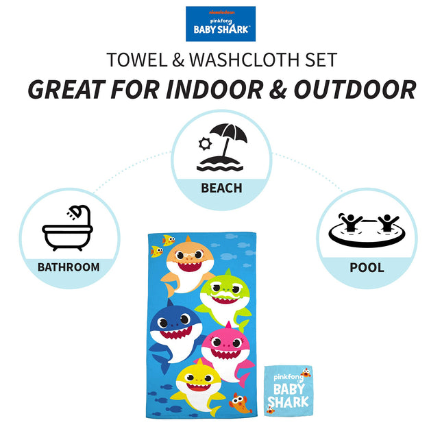 Franco Baby Shark Kids Bath/Pool/Beach Soft Absorbent Cotton Terry Towel with Washcloth 2 Piece Set, 50 in x 25 in