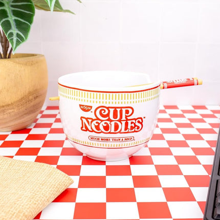Silver Buffalo Nissin Classic Cup Noodles Logo Much More Than a Soup Ceramic Ramen Noodle Rice Bowl with Chopsticks, Microwave Safe, 20 Ounces