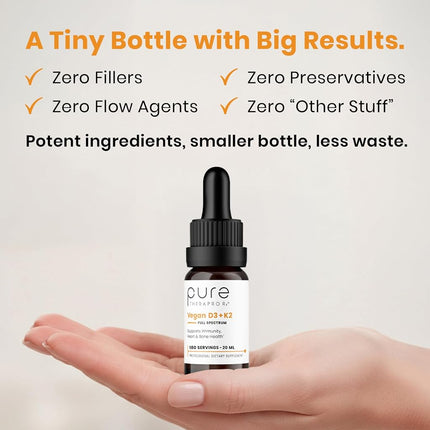 Vegan D3 + K2"Full Spectrum" Drops for Best Absorption | 5 Drops Contain: 5,000iu VIT D3"Vitashine", 500mcg VIT K2 (MK4) & 180mcg VIT K2 (MK7)"MenaQ7" | Soy-Free, GF, Non-GMO, Tasteless & Odorless