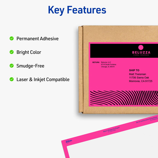 Avery Neon Shipping Labels for Laser Printers, 5-1/2" x 8-1/2", 200 Pink Labels (5948)