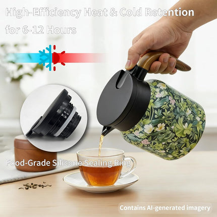35 OZ Vintage Floral Tea Pot with Infuser, Insulated Stainless Steel Tea Kettle, 12 Hour Hot/Cold Retention, Tea-Water Separation Loose Leaf Tea Steeper for Hot Drinks (Green)