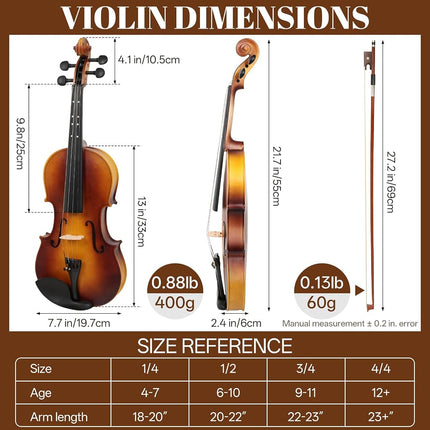 Kmise Violin 3/4 Full Set, Fingerboard Fret Markings Violins, Matte Acoustic Fiddle for Adults, Beginners, Students with Violin Case, Rosin, Strings, Bow, Shoulder Rest, Beginner's Guide (Matte, 3/4)