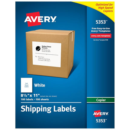 Self-Adhesive Full-Sheet Shipping Labels for Copiers, 8-1/2 x 11, White, 100/Box