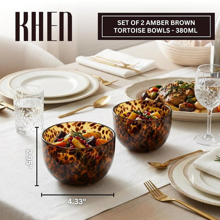 Amber Tortoise Shell Glass Bowls Set of 2 | 4.3” - 12.8oz Leopard Print Soup & Cereal Dishes | Decorative Animal Print Snack Serving Bowl, Cereal, Soup, Gifts for Kitchen Food Countertop, Hostess Gift
