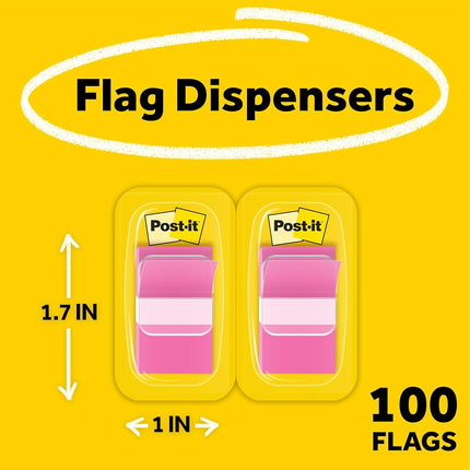 Post-it Flags, 50/Dispenser, 2 Dispensers/Pack, 1 in Wide, Bright Pink (680-BP2)